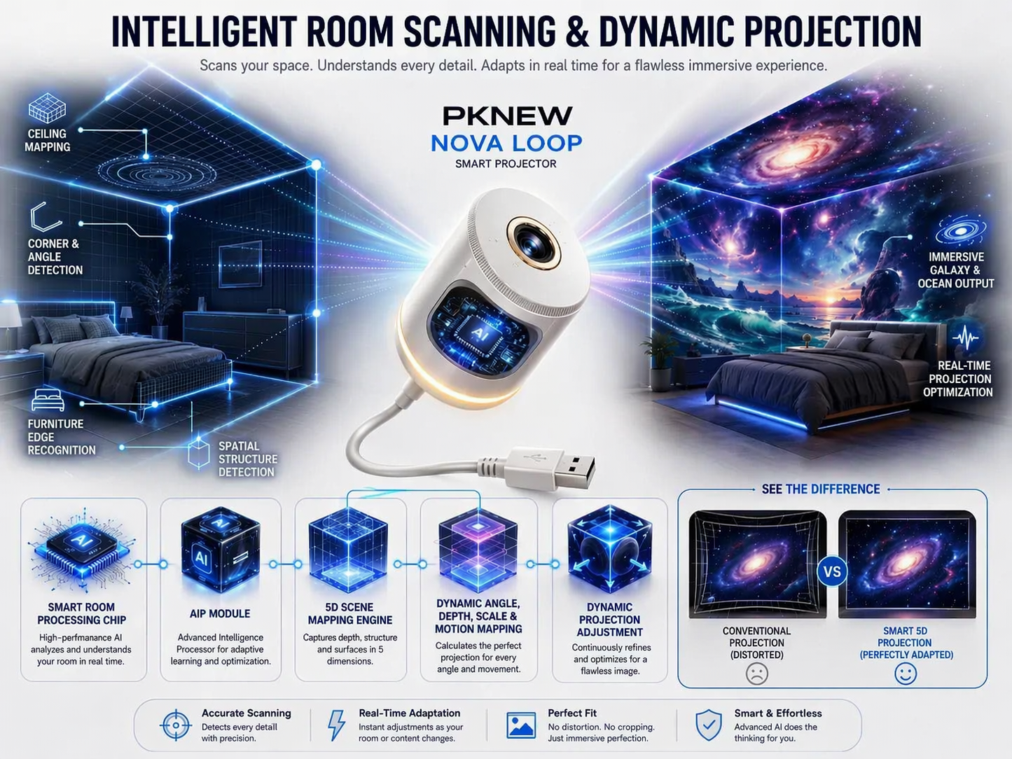 Cozy Nights 🔬|🏆 PKNEW® NEXT-GEN SMART PROJECTION HD Smart Dynamic 5D Holographic Night Light Projector