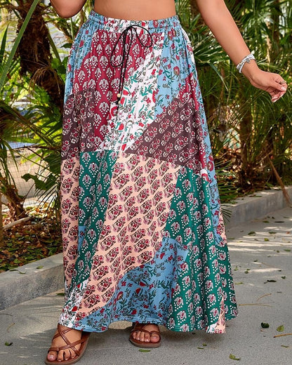 Women's Skirt Casual Boho Maxi Mid Rise Skirts Floral Print Micro-elastic Vacation Street Red Blue Summer Polyester