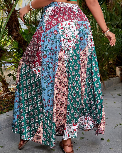 Women's Skirt Casual Boho Maxi Mid Rise Skirts Floral Print Micro-elastic Vacation Street Red Blue Summer Polyester