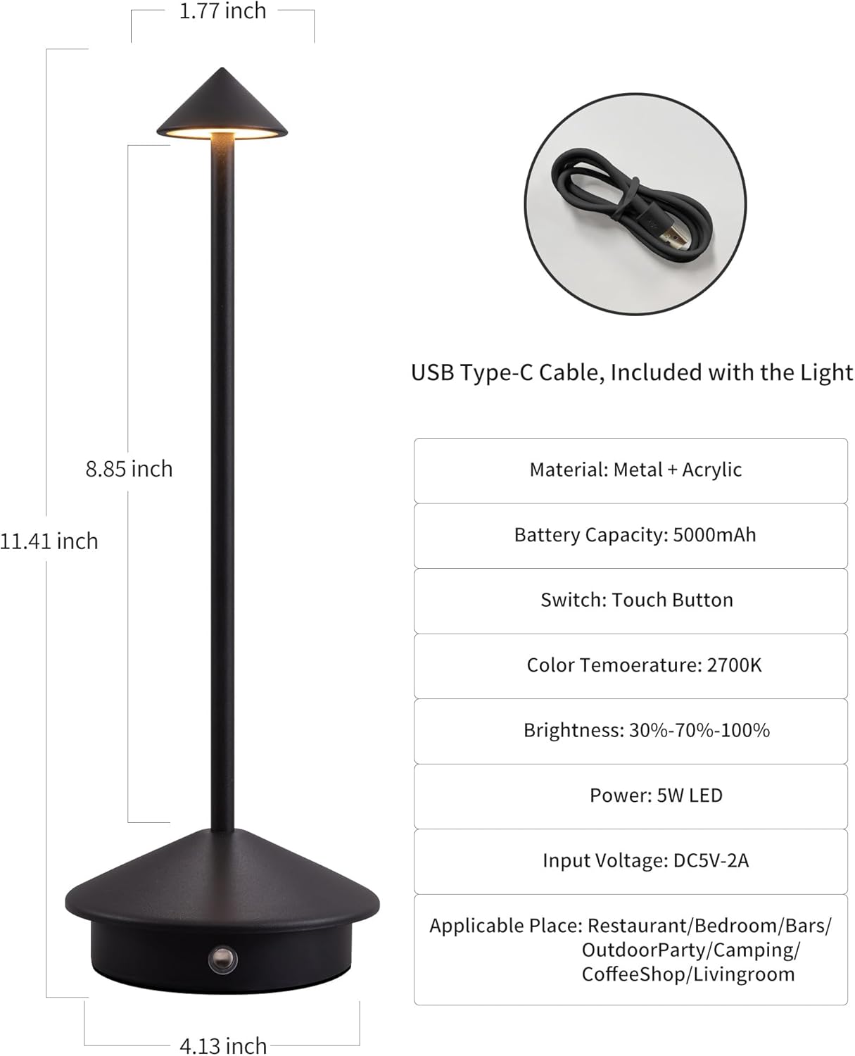 Modern Cordless Table Lamps Set of 2, Rechargeable LED Desk Lamps, 5000mAh Battery, Portable Night Light (Black)