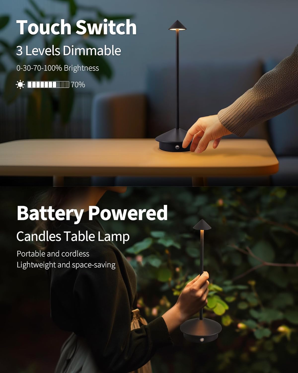 Modern Cordless Table Lamps Set of 2, Rechargeable LED Desk Lamps, 5000mAh Battery, Portable Night Light (Black)