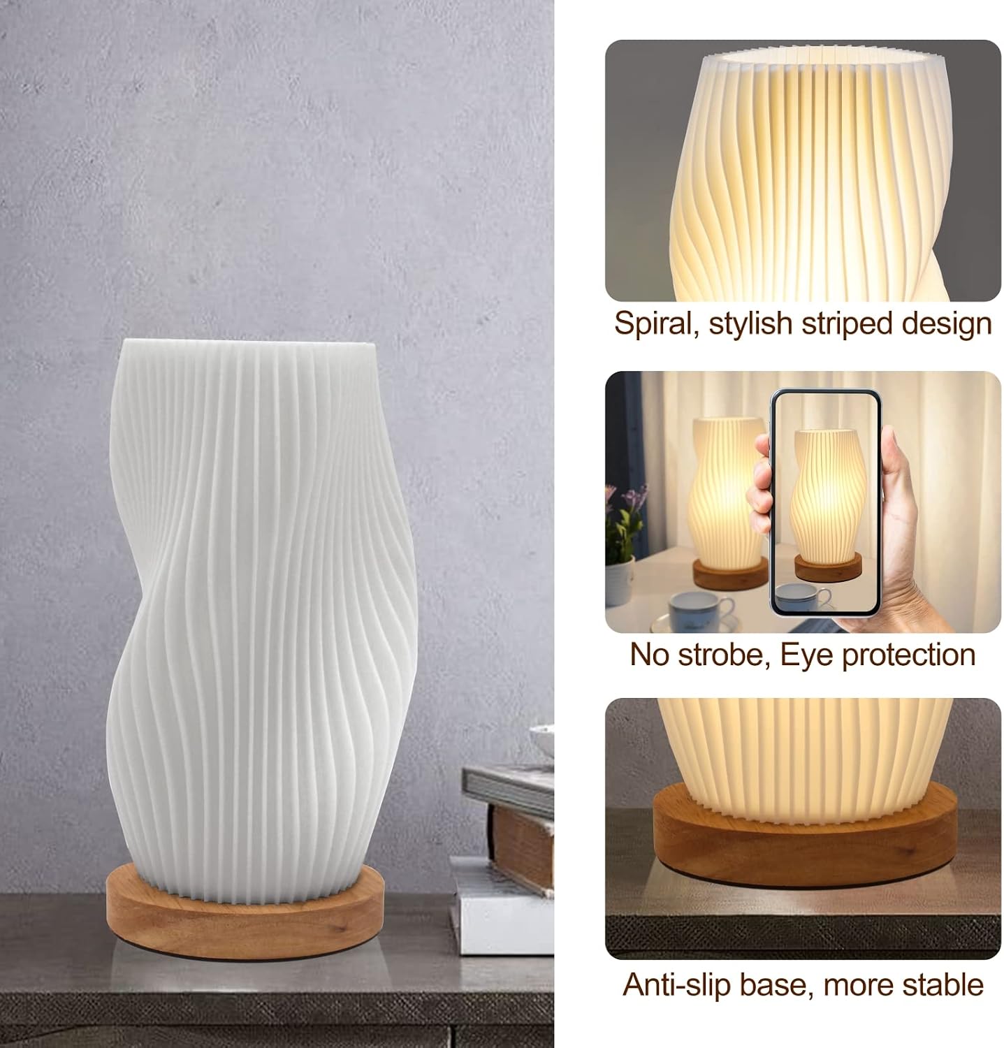 Small Table Lamp – Vintage Striped Bedside Night Light, Mini Lamp for Bedroom, Living Room, Office & Dorm, Warm Light