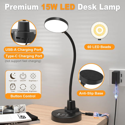 Flexible gooseneck lamp arm with base, eye-caring reading light, suitable for home office, bedroom, and study room.