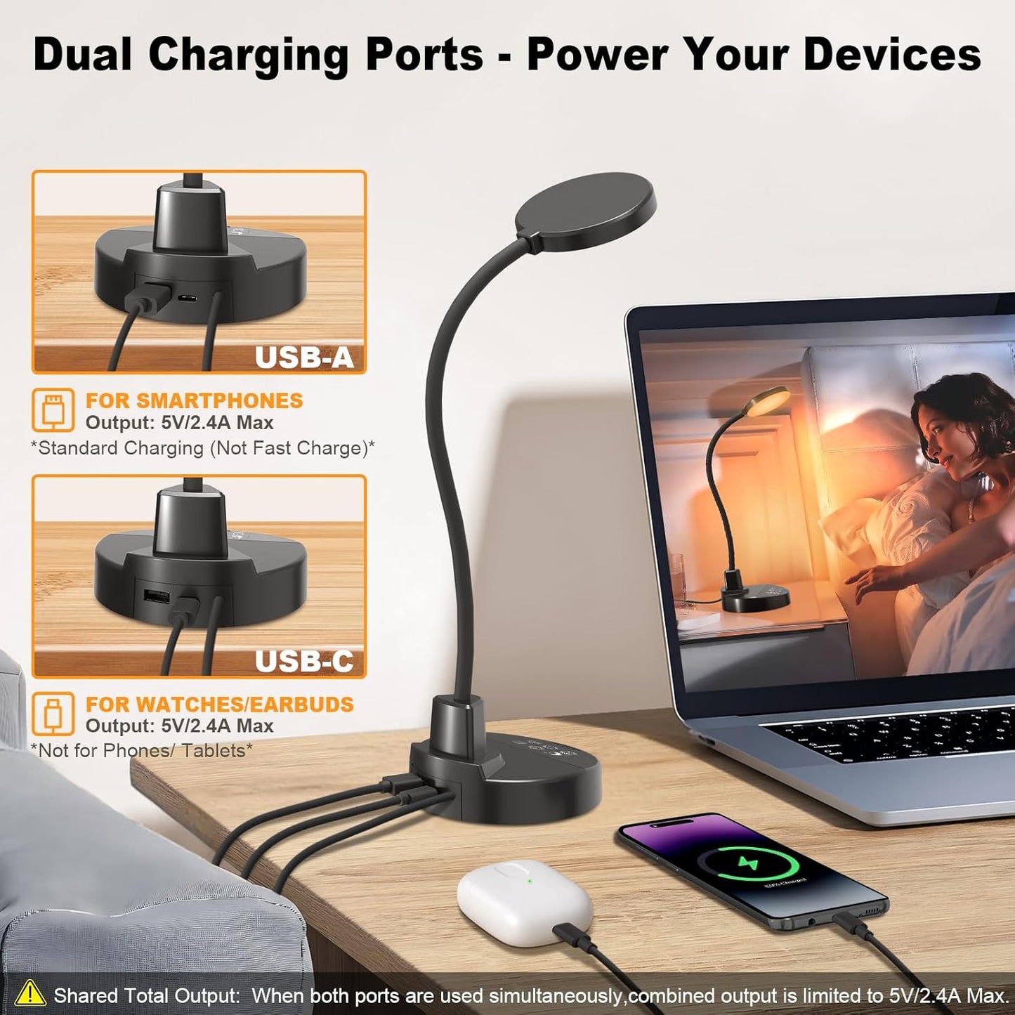 Flexible gooseneck lamp arm with base, eye-caring reading light, suitable for home office, bedroom, and study room.