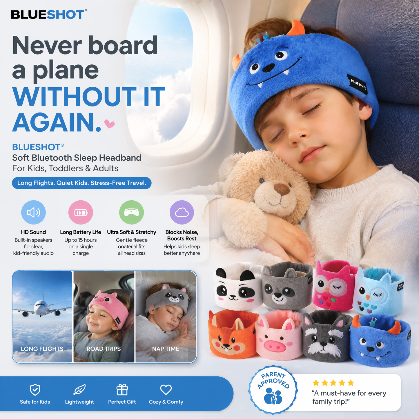 𝑩𝑳𝑼𝑬𝙎𝙃𝑶𝑻® 💕 Soft Bluetooth Sleep Headband For Kids, Toddlers & Adults Long Flights. Quiet Kids. Stress-Free Travel