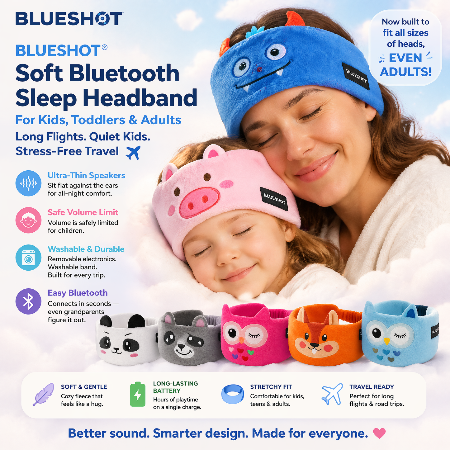 𝑩𝑳𝑼𝑬𝙎𝙃𝑶𝑻® 💕 Soft Bluetooth Sleep Headband For Kids, Toddlers & Adults Long Flights. Quiet Kids. Stress-Free Travel