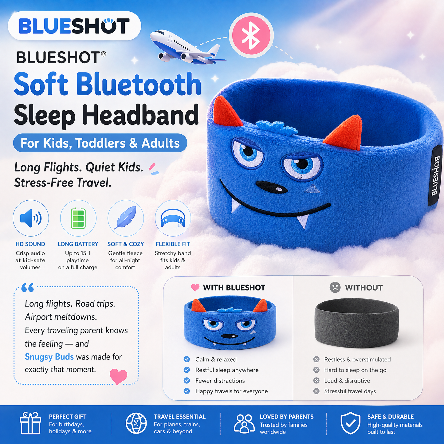 𝑩𝑳𝑼𝑬𝙎𝙃𝑶𝑻® 💕 Soft Bluetooth Sleep Headband For Kids, Toddlers & Adults Long Flights. Quiet Kids. Stress-Free Travel