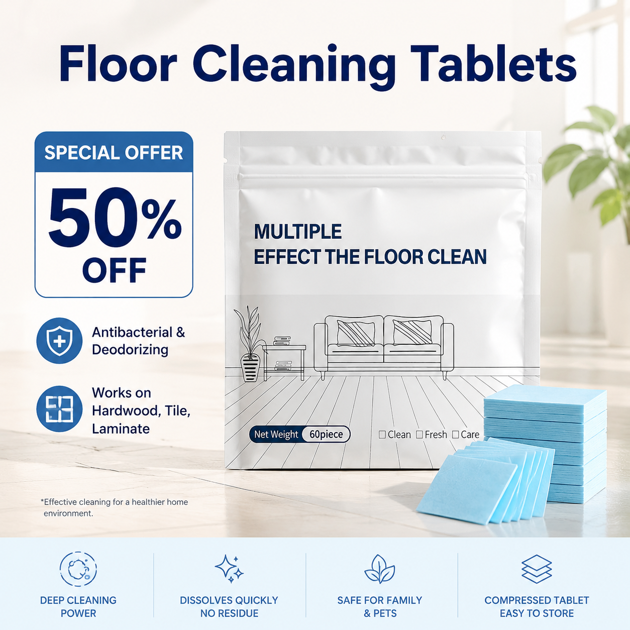𝐏𝐊𝗡𝑬𝓦® Floor Cleaning Tablets Multi-Surface Cleaner for Hardwood Laminate Tile & RV Walls Antibacterial Deodorization Maintenance👑
