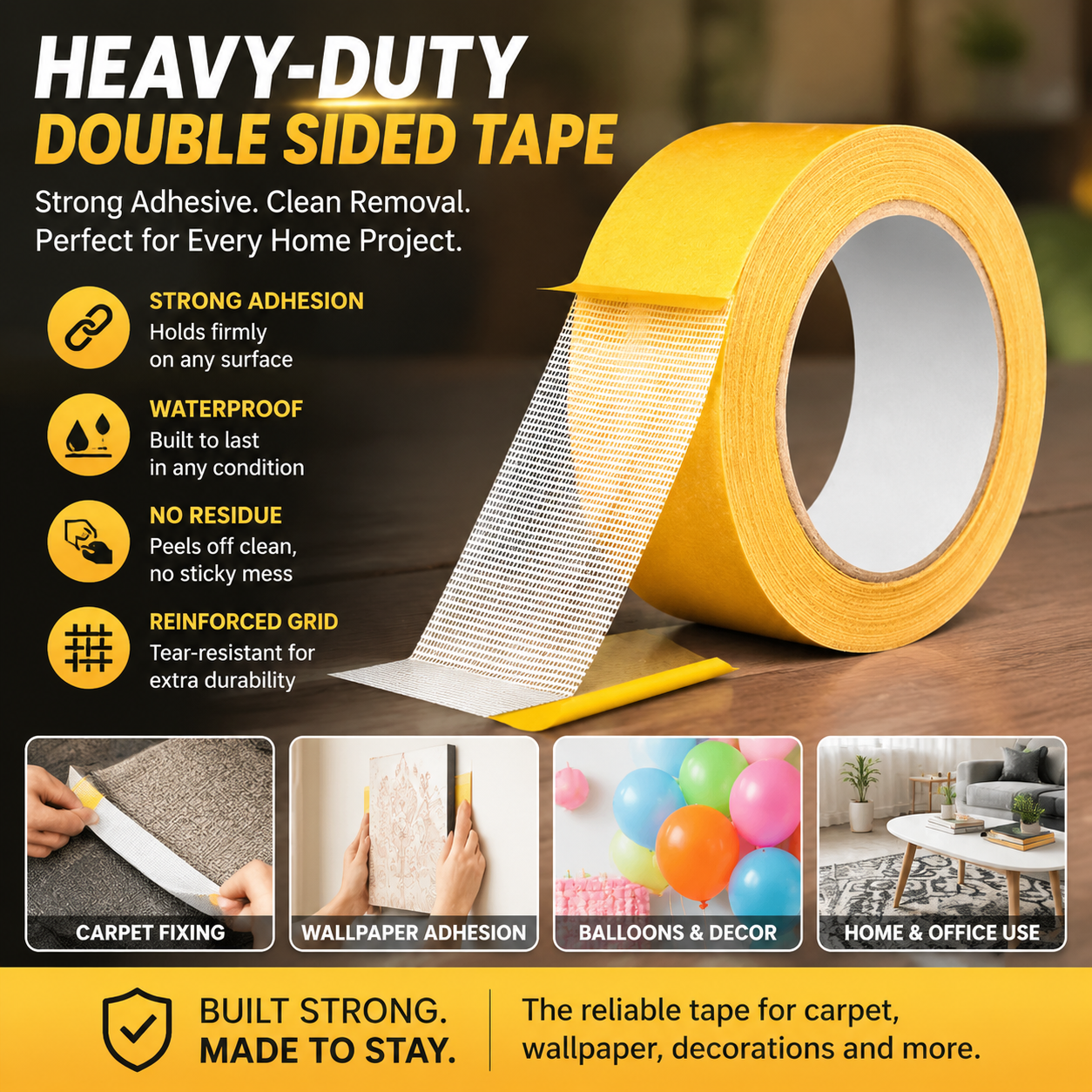𝐏𝐊𝗡𝑬𝓦® Heavy-Duty Double Sided Tape, StrongAdhesive, Waterproof & Removable, No Residue, Idealfor Carpet, Wallpaper, Balloons & Home Use👑